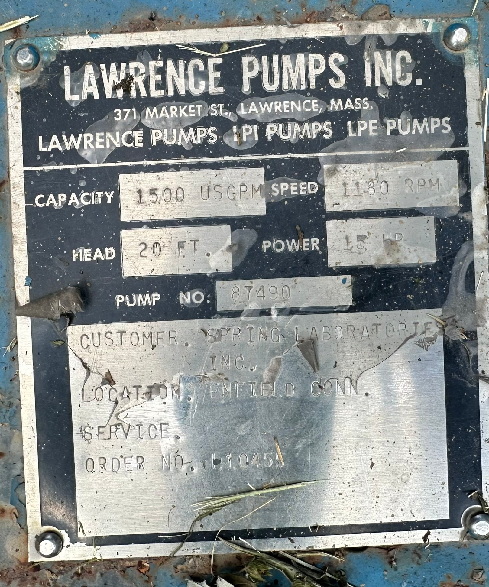 Lawrence 8" 8x8 slurry pump with 15hp motor 1500gpm