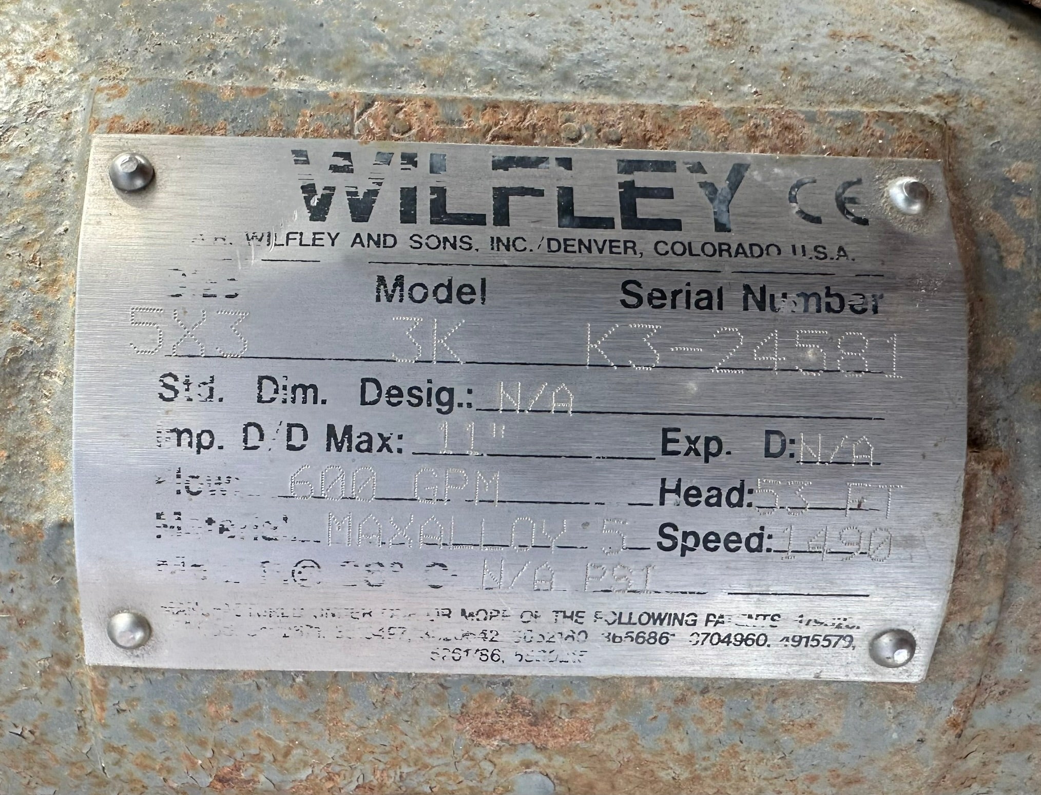Wilfley 5" x 3" Model 3K Slurry Pump with Motor 600gpm